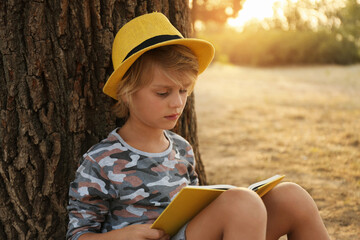 Naklejka premium Cute little boy reading book near tree in park