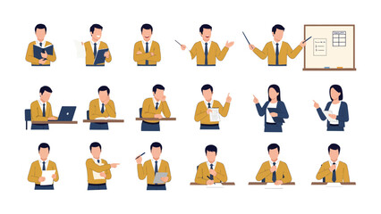 Diverse Business Professionals in Various Poses: A curated set of illustrations showcases business individuals engaged in diverse professional actions, ideal for communication and business materials.