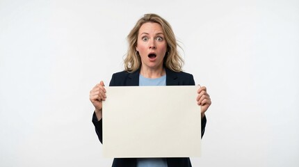 A surprised businesswoman holding a blank sign in front of a plain background