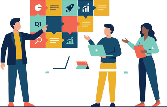 A colorful vector graphic illustration of three businesspeople discussing a timeline in a modern office setting