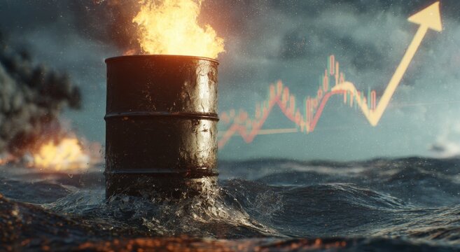 oil barrel on fire with a stock chart arrow going up