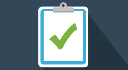 A graphic illustration of a clipboard with a green checkmark on a blue and dark blue background with shadow, Generative AI.