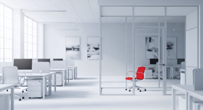 Modern Office Space With Glass Partition And Red Chair