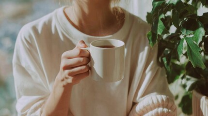Woman holding cup of tea in morning sunlight near green houseplant. Cozy natural morning routine concept representing calm lifestyle, relaxation, mindfulness and peaceful start of day