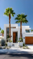 Fototapeta premium Modern White Minimalist Luxury Home with Palm Trees and Desert Landscaping Under Clear Blue Sky