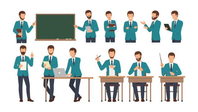 Teacher&rsquo;s Day: A collection of a teacher in various poses, from leading a lesson to assisting individual students, each exuding expertise and empathy. 