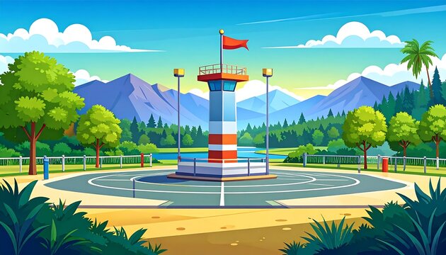 A central tower painted with white and orange bands, surrounded by greenery, mountains, and a clear blue sky