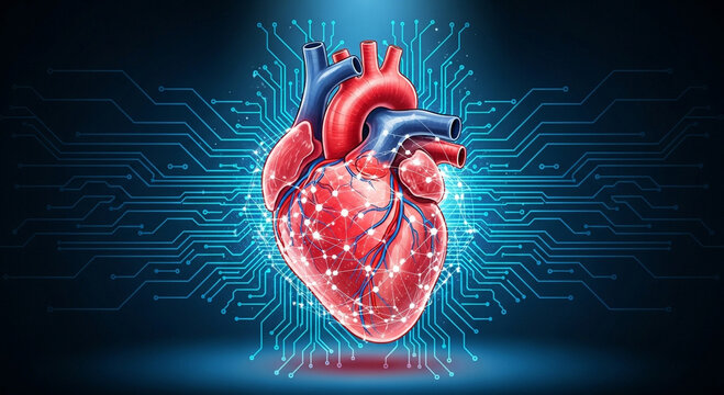 Human heart with digital circuit board background representing medical technology