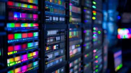Naklejka premium Close-up of illuminated server racks in a modern data center, colorful status lights and blurred background, concept of cloud computing, cybersecurity, hosting, and digital infrastructure
