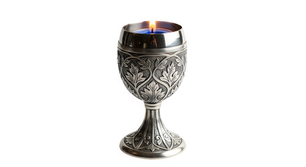 A silver decorative candle holder with an intricate design and a lit candle inside on a transparent background