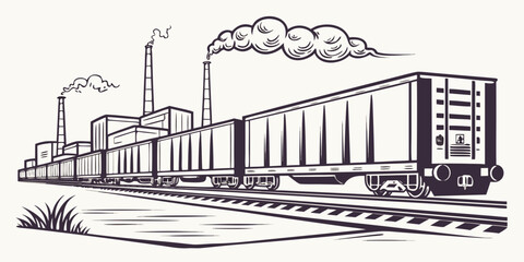 A black and white illustration of a train on railroad tracks next to industrial buildings with smokestacks and smoke © Mamun