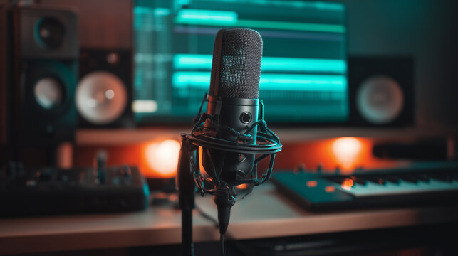 Podcast recording microphone with digital audio workstation in music studio audio production workspace showing a professional condenser microphone mounted in a shock mount position