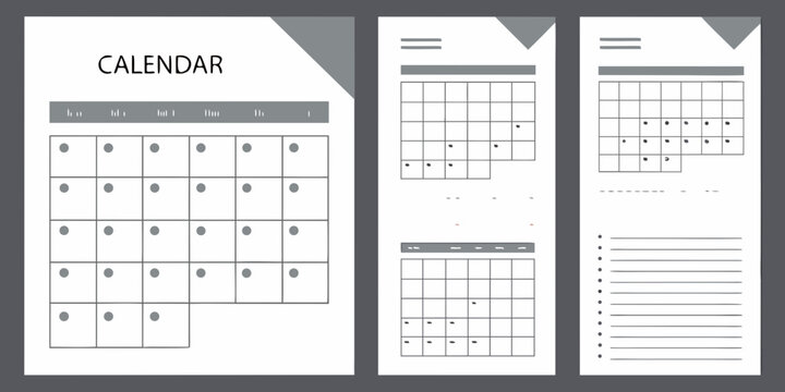 Set of three calendar pages with different layouts and designs