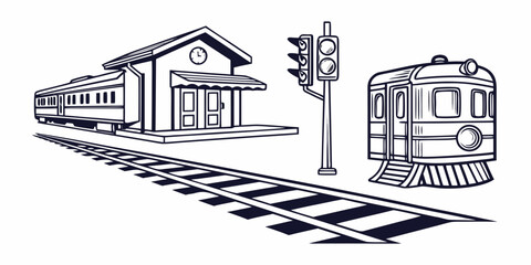 Black and white illustration of a train station with a train on the tracks and a signal light © Mamun