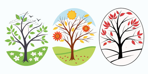 Fototapeta premium Seasonal tree illustrations in circular icons representing spring, summer, and autumn with leaves and flowers changing throughout the year