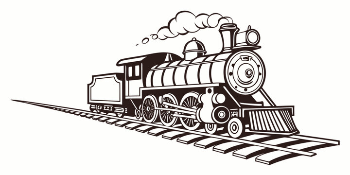 Vintage steam locomotive train engine with smoke on tracks