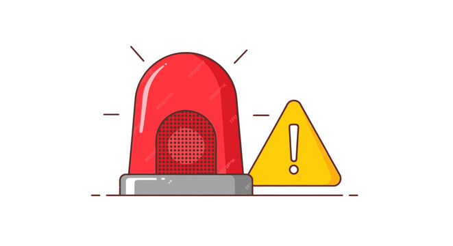 Illustration of a red warning light and a yellow triangular caution sign on a white background with bold lines and bright colors.
