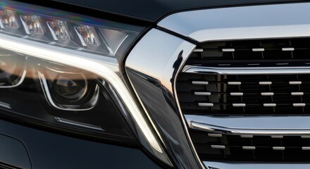 Fototapeta premium Close-up of a modern cars headlight and grille.