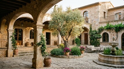 Obraz premium Elegant courtyard with stone architecture, fountain, and lush greenery.