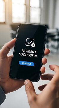 Successful online payment on smartphone screen with hand holding device and finger clicking continue button in blurred office background