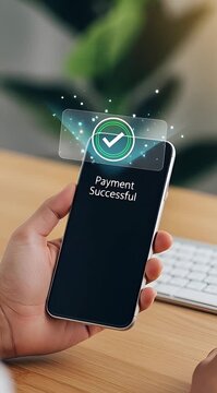 Successful online payment on smartphone with checkmark and green animation on screen