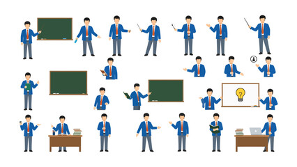 Teacher in the Classroom: A collection of illustrations showcases a teacher in various poses. He is standing by a chalkboard and desk, with different gestures and tools.