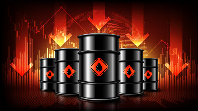 Crude oil barrels with red falling arrows and financial graphs representing oil price crash, energy crisis and economic downturn, vector illustration