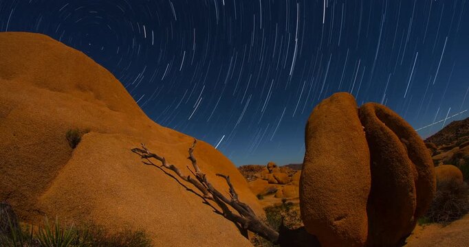 Star Trails Over Jumbo Rocks Joshua Tree Night Sky Stars Polaris Peaceful Desert