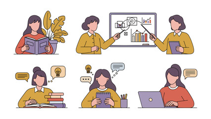 Educational and professional tasks: A vibrant illustration showcasing diverse scenarios of a person engaged in various professional or educational activities, conveying knowledge, teaching.