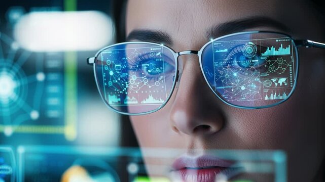 Woman IT technology analyst wearing googles as the blue reflection of technological data information cover her goggles