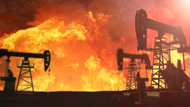 Oil pump jacks silhouettes against massive explosion and fire at oil field from missiles during the war with Iran dramatic 3D render concept