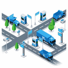 Obraz premium Hydrogen fuel station network with trucks and cars on an isometric road system.