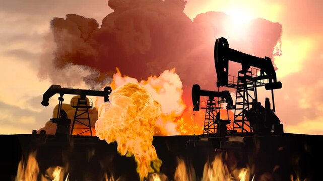 Oil pump jacks silhouettes against massive explosion and fire at oil field from missiles during the war with Iran dramatic 3D render concept