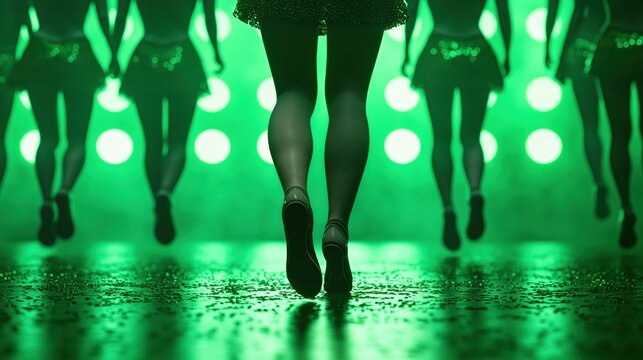 Dancers performing an Irish step dance routine on a stage with vibrant green lights and sparkling glitter