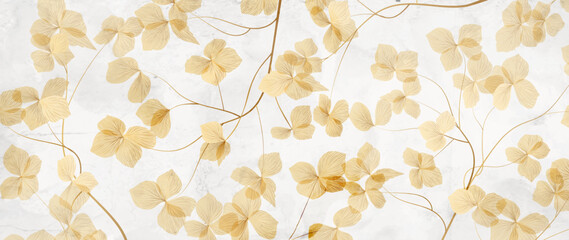 Abstract art background with transparent beige or gold leaves on a branch. Botanical banner for decor, prints, packaging, textiles, wallpaper, posters, and interior design.