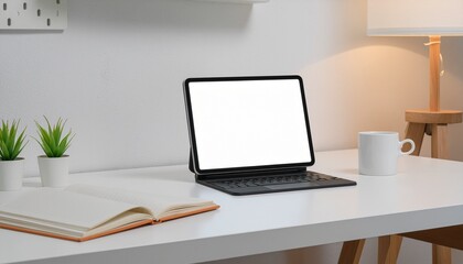 Fototapeta premium Organized Modern Creative Workspace with Tablet, Keyboard, and Coffee on White Desk