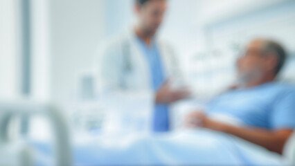 Fototapeta premium A healthcare professional assists a patient in a hospital setting. The blurred background suggests a focus on patient care and medical support.