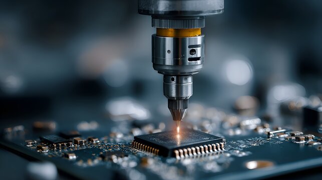 Precision robotic arm focusing on a microchip du advanced electronics manufactu process within a high tech laboratory environment.