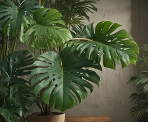 Obraz premium A Monstera deliciosa with large holes and stems in a natural setting, lush green, leafy green, house plant