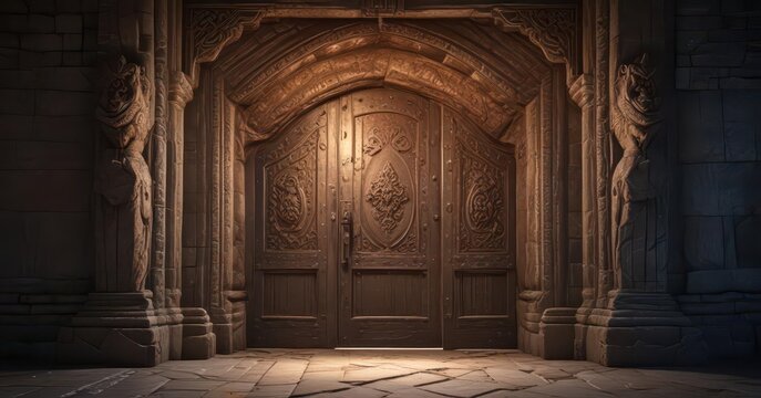 Ancient stone doors with intricate carvings open to reveal a dimly lit hallway, golden key,  labyrinth,  doorway to discovery