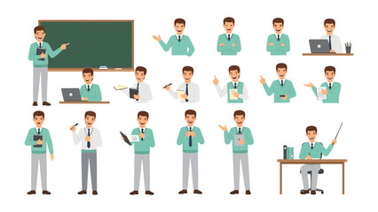 Professional Presentation and Interaction: A collection of illustrations showcases a professional in various poses, gestures, and actions, offering versatility for educational or corporate contexts.