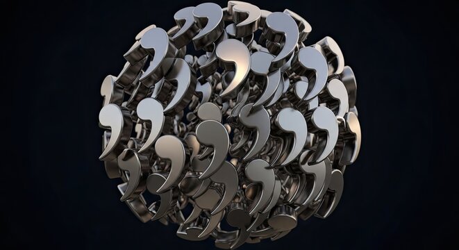Metallic comma symbols forming a spherical structure against a dark background commas punctuation sphere