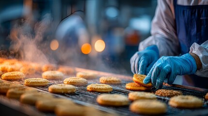 Worker wea gloves inspecting fresh baked cookies moving along a conveyor belt in a food processing factory with steamy ovens nearby.