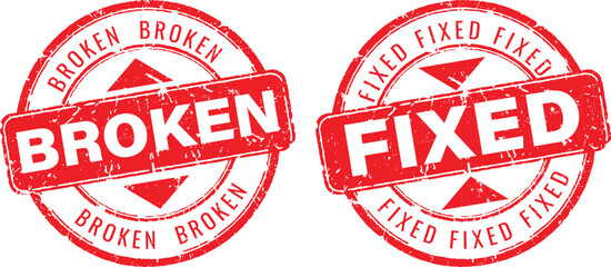 Set of broken and fixed round rubber stamps with red ink grunge texture for repair services