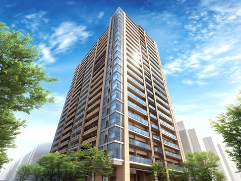 青空にそびえ立つ近代的な高層マンションの外観と植栽が美しい都会の洗練された街並み