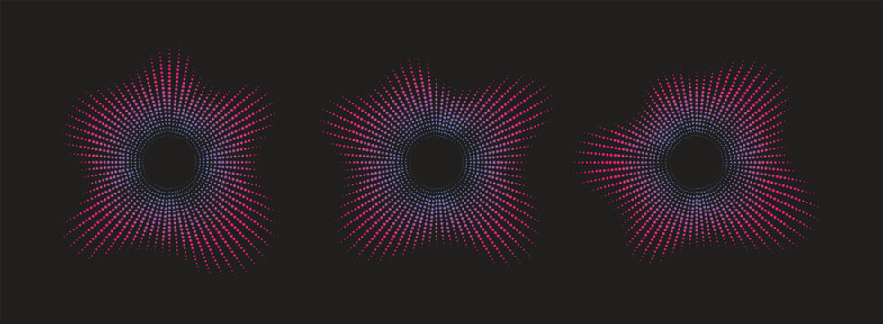 A triptych of abstract pixelated artworks with radial patterns