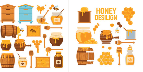 Honey and Beekeeping Illustration Set with Beehive Honey Jar Honeycomb Dipper and Bees for Organic Food Production Farming and Sweet Dessert Design © Selim Studio