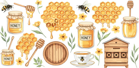 Honey and Beekeeping Vector Set with Beehive Honeycomb Jars Bees and Dipper for Organic Food Farm Sweet Natural Product Illustration © Selim Studio