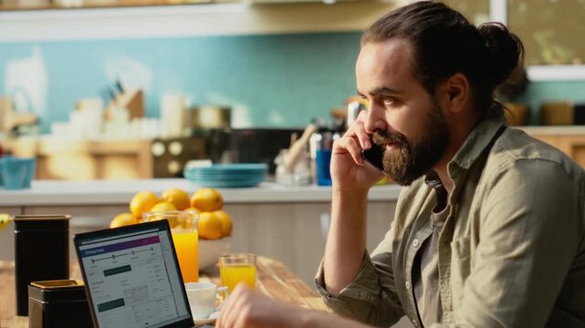 Angry person screaming at customer service agent on phone call, frustrated about lost package or parcel delay. Client struggling to track order on laptop, asking for delivery status verification.
