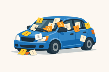 Obraz premium Blue car covered in numerous yellow and orange traffic tickets, parking violation notices, and warning stickers with exclamation marks, representing legal fines, penalties, and law enforcement.